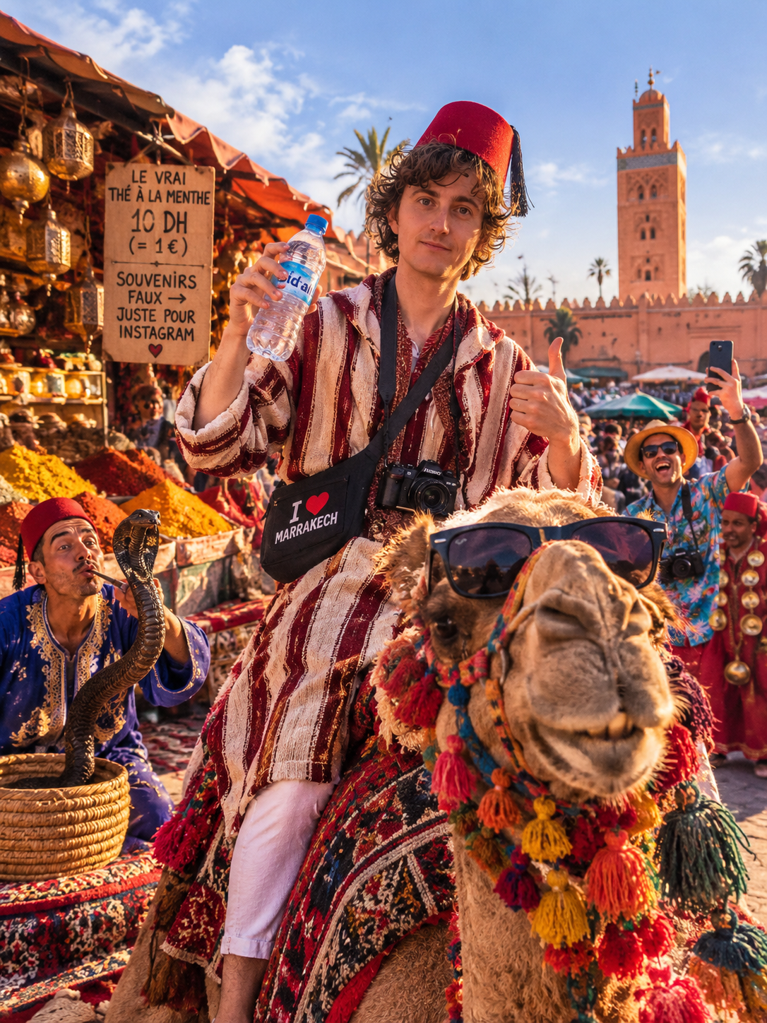 A tourist in a fez on a camel wearing sunglasses in Marrakech